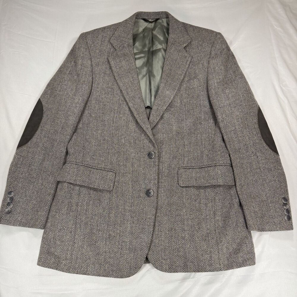 Vintage Gallery by Haggar Gray Tweed Wool Herringbone Blazer 38 Elbow Patch USA